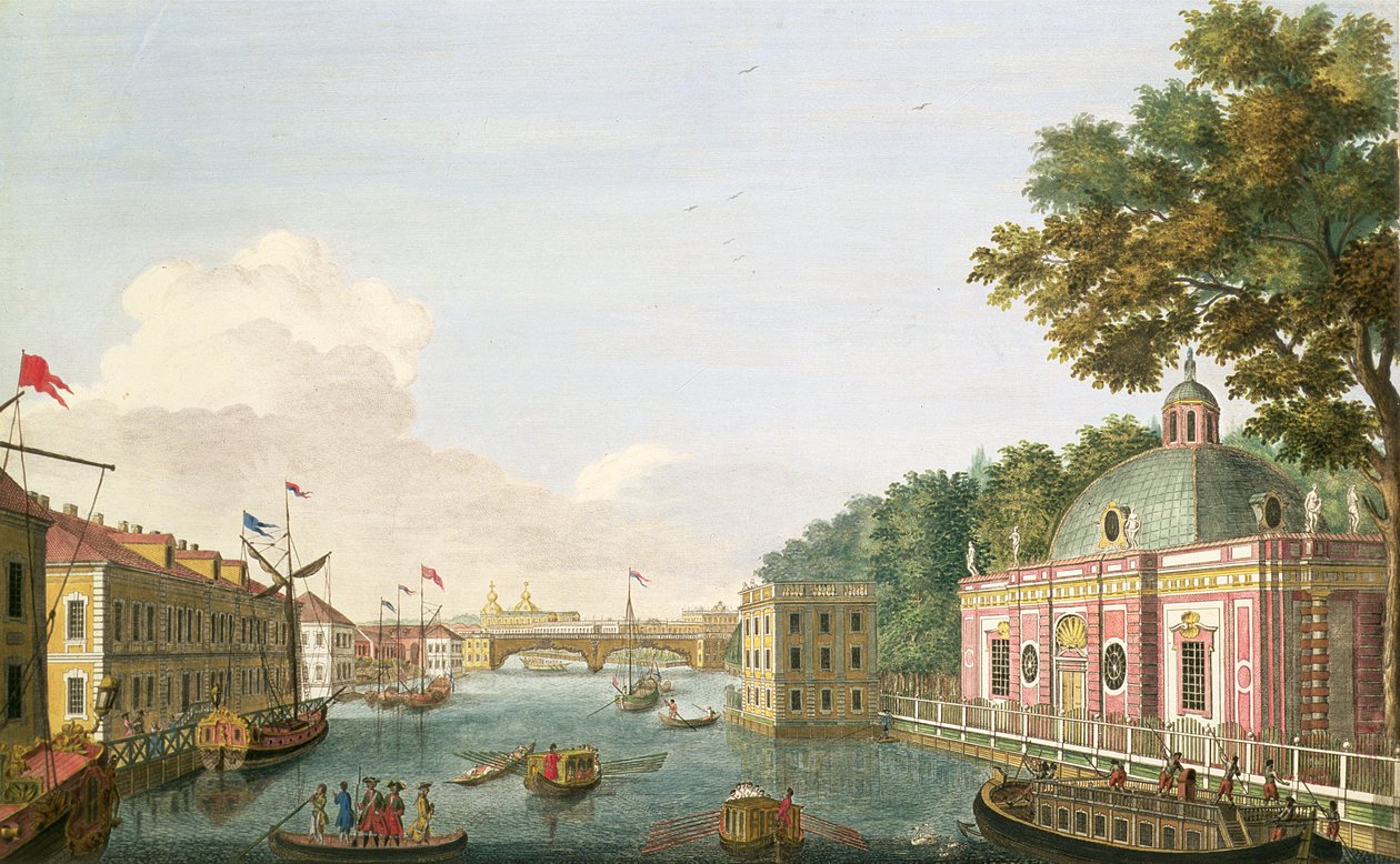 Vista do rio Fontanka da gruta e do Palácio de Hóspedes, gravada por Grigory Anikievich Kachalov (171112-1759), 1753 (gravura com gravura) de Mikhail Ivanovich Makhaev