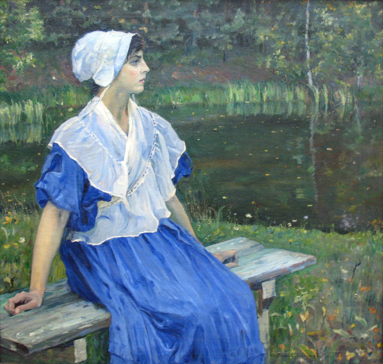 Girl by the pond Retrato de NM Nesterova, 1923nGerman: Menina na lagoa Retrato de NM Nesterova, 1923n: .., 1923n de Mikhail Vasilievich Nesterov