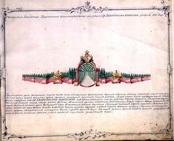 Detalhe do conjunto principal para os fogos de artifício em São Petersburgo para comemorar o aniversário da Imperatriz Elizabeth em 18 de dezembro de 1741 de Mikhail Vassilievich Danilov