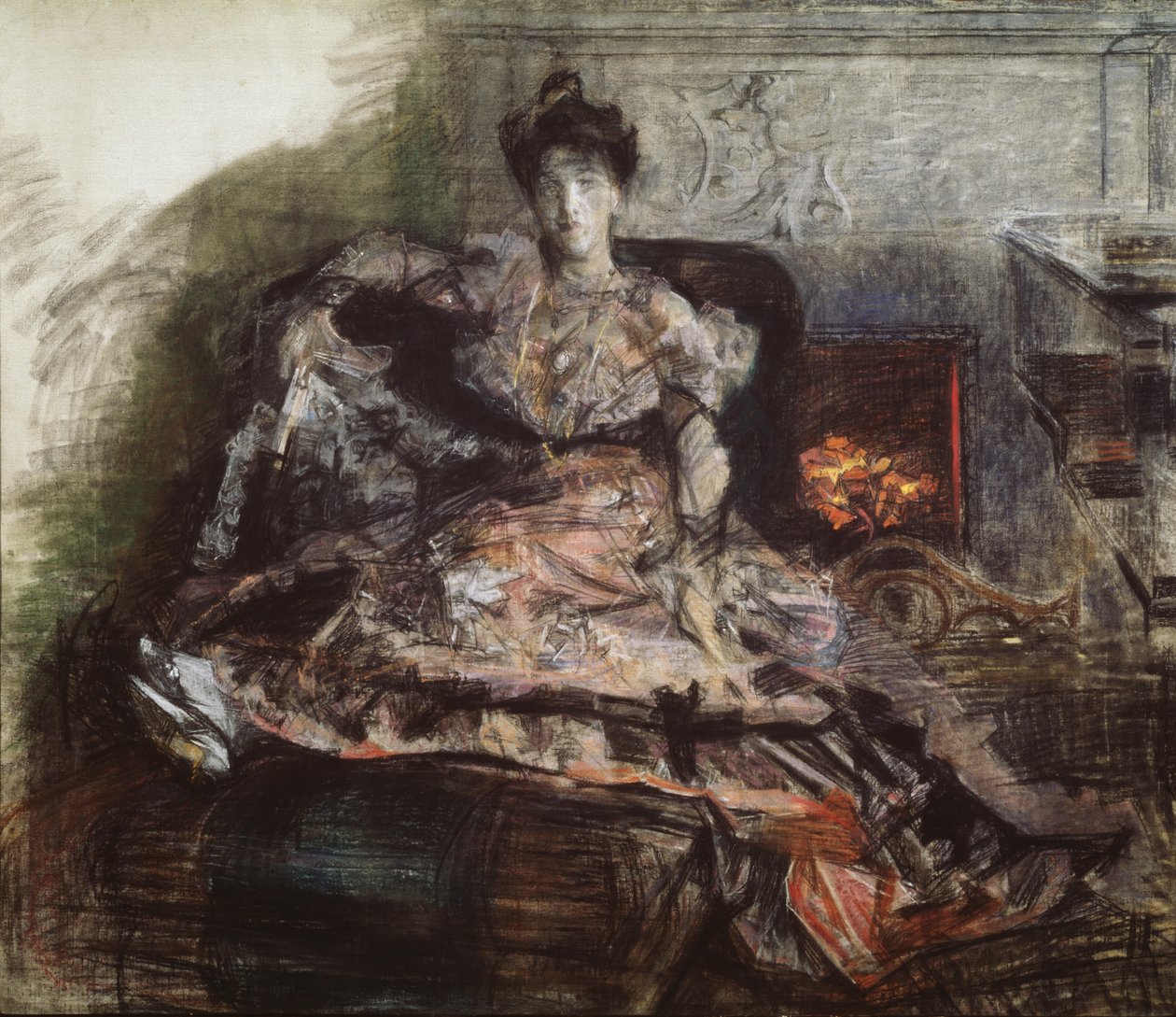 Depois do concerto. Retrato de N. Zabela-Vrubel na lareira em um vestido desenhado por Vrubel, 1905 de Mikhail Aleksandrovich Vrubel