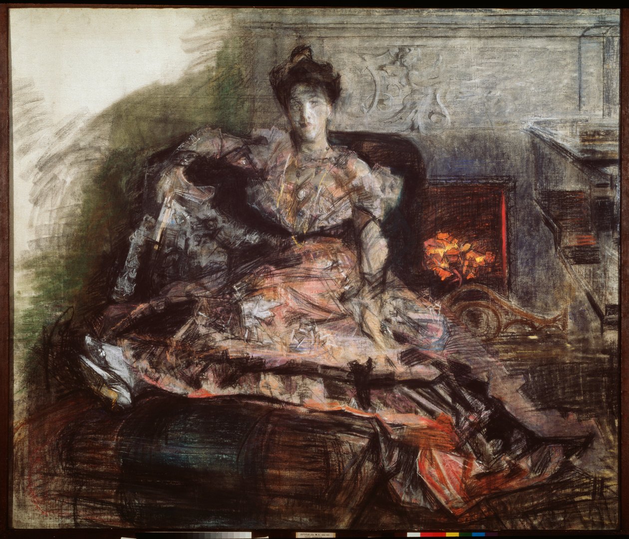 Depois do concerto - Retrato de N Zabela-Vrubel na lareira num vestido desenhado por Vrubel - O de Mikhail Aleksandrovich Vrubel