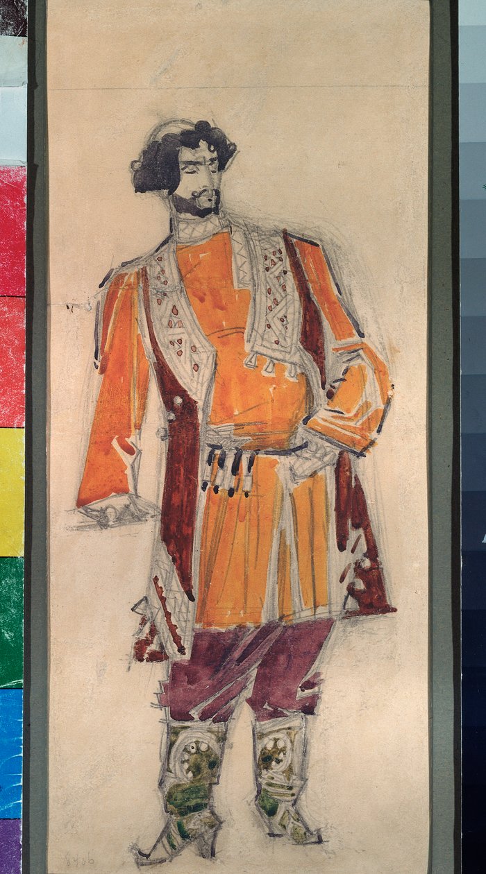 Traje preparatório masculino para a ópera "A noiva do czar" de Nicholas (Nikolai) Rimsky Korsakov (Rimsky-Korsakov) (1844-1908) (Figurino para a ópera A noiva do czar de N Rimsky Korsakov (Rimsky ). -Korsakov) - Obra de Mikhail Alexander de Mikhail Aleksandrovich Vrubel