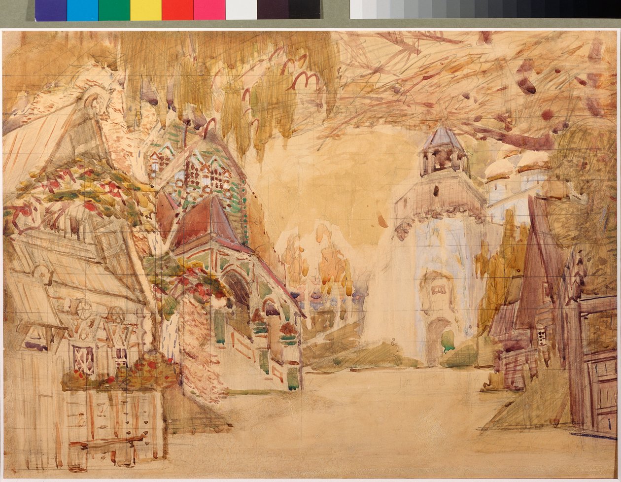 Decor preparatoire pour "La Fiancee du Tsar" de Nicolas (Nikolai) Rimsky Korsakov (Rimsky-Korsakov) (1844-1908) (Desenho de palco para a ópera "A Noiva do Czar" de N Rimsky Korsakov (Rimsky-Korsakov) - Oeuvre de Mikhail ALexandrovich Vrubel (Vroubel de Mikhail Aleksandrovich Vrubel