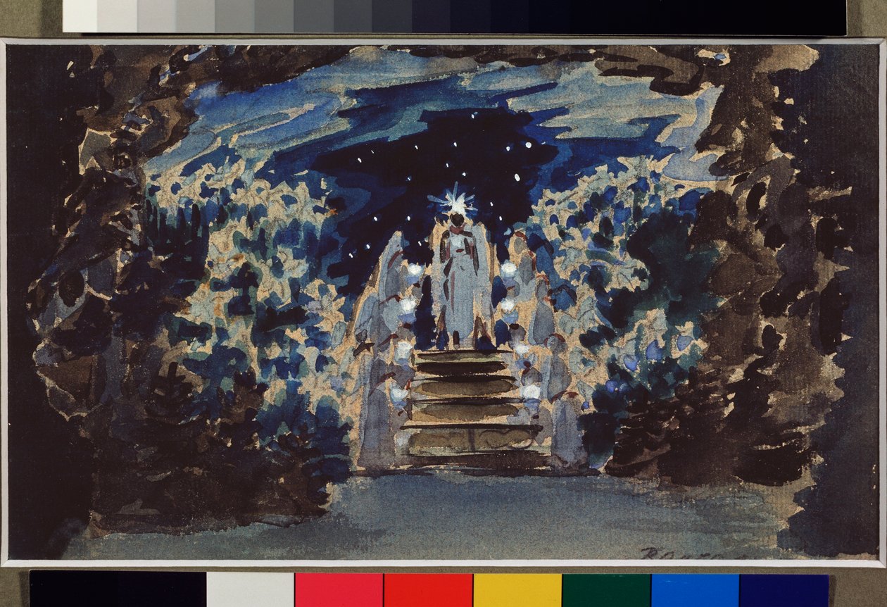 Desenho de palco para a ópera "Hansel e Gretel" de Engelbert Humperdinck(1854-1921) - Obra de Mikhail Alexandrovich Vrubel (Vroubel) (1856-1910), lápis, aguarela e guache sobre papel de Mikhail Aleksandrovich Vrubel