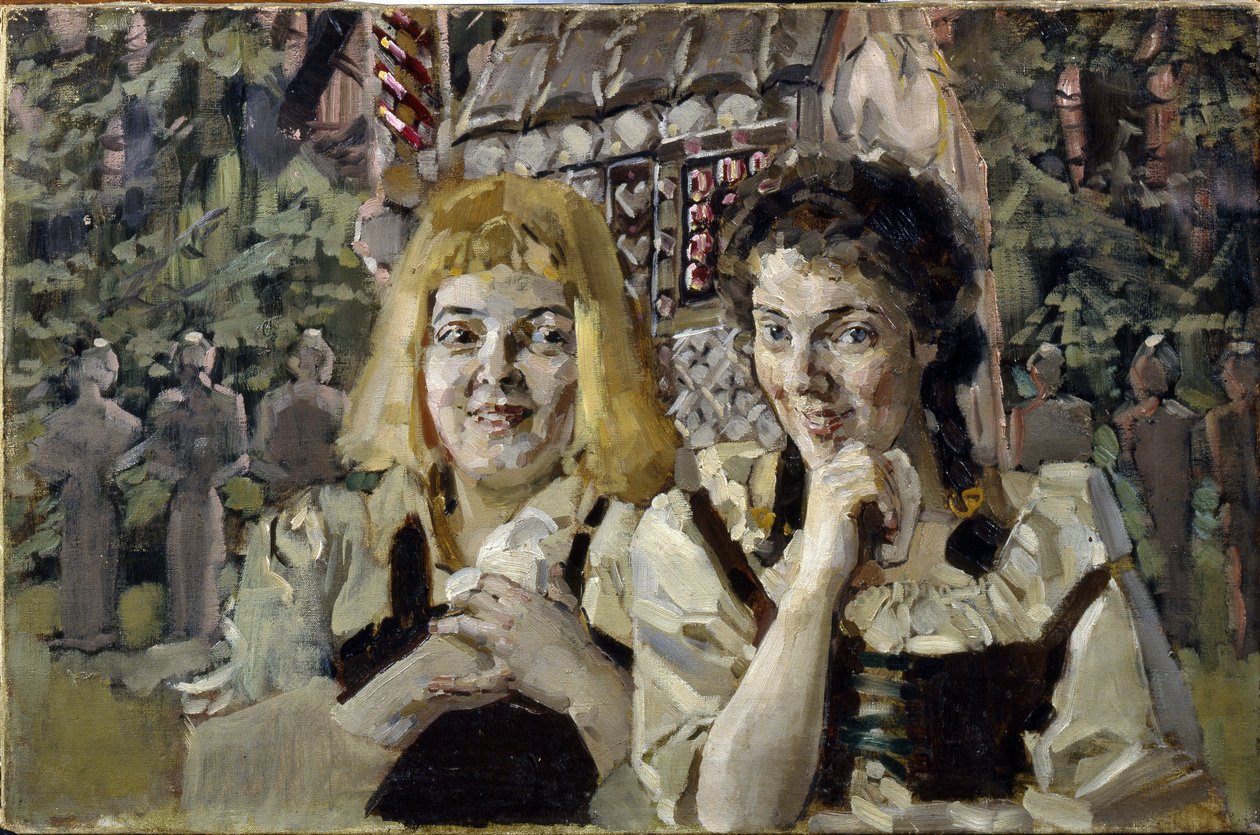 Hansel e Gretel (Hansel e Gretel). Retratos das duas crianças do conto dos irmãos Jacob (1785-1863) e Wilhelm (1786-1859) Grimm, com olhos gananciosos em frente à casa de doces. Pintura de Mikhail Alexandrovich Vrubel (Vrubel) (1856-1910), óleo sobre de Mikhail Aleksandrovich Vrubel