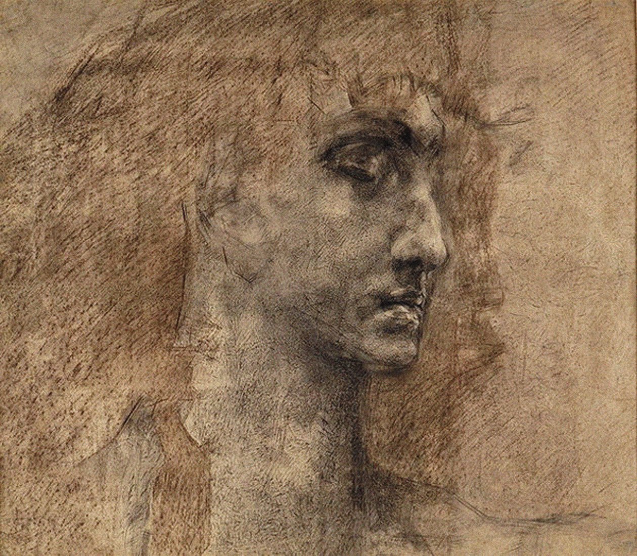 Cabeça de Anjo, 1887 (carvão e lápis vermelho sobre papel) de Mikhail Aleksandrovich Vrubel