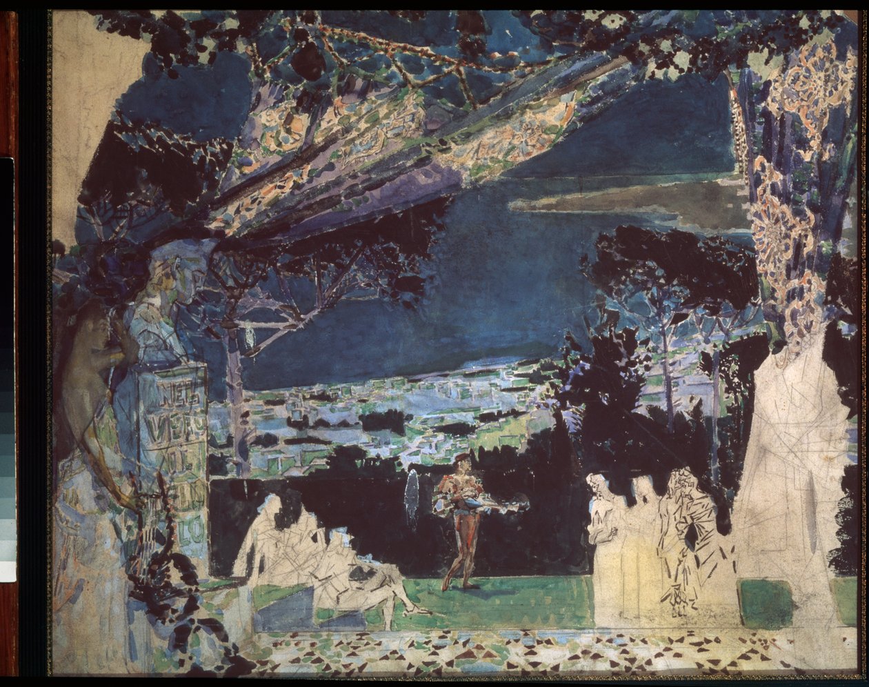 Itália, Noite em Nápoles, Desenho de cortina para o Teatro Privado Russo - Trabalho de Mikhail Alexandrovich Vrubel (Vroubel) (1856-1910), lápis e aguarela sobre papel de Mikhail Aleksandrovich Vrubel