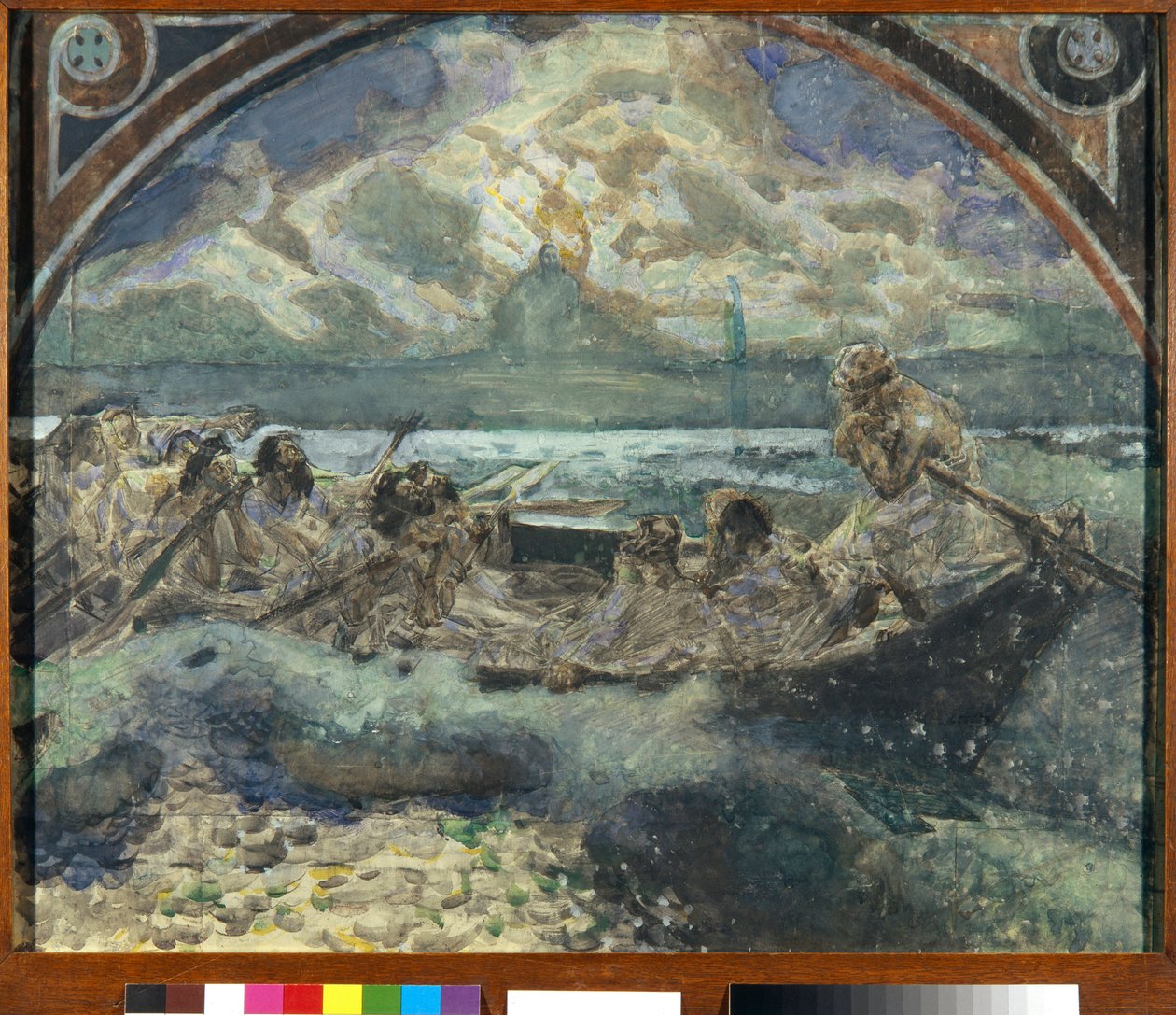 Jesus anda sobre a água (Jesus anda sobre a água) - Obra de Mikhail Alexandrovich Vrubel (Vrubel) (1856-1910), Aguarela, guache, tinta e caneta sobre papel de Mikhail Aleksandrovich Vrubel
