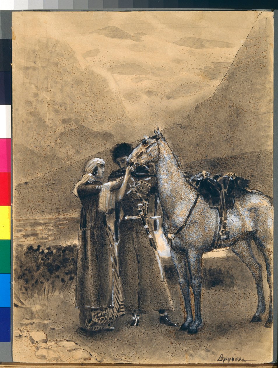 O Adeus de Zara e Ismail - Ilustração do poema "Izmail-bey" (Izmail bey) de Mikhail Lermontov (1814-1841) - Obra de Mikhail Alexandrovich Vrubel (Vrubel) (1856-1910) de Mikhail Aleksandrovich Vrubel