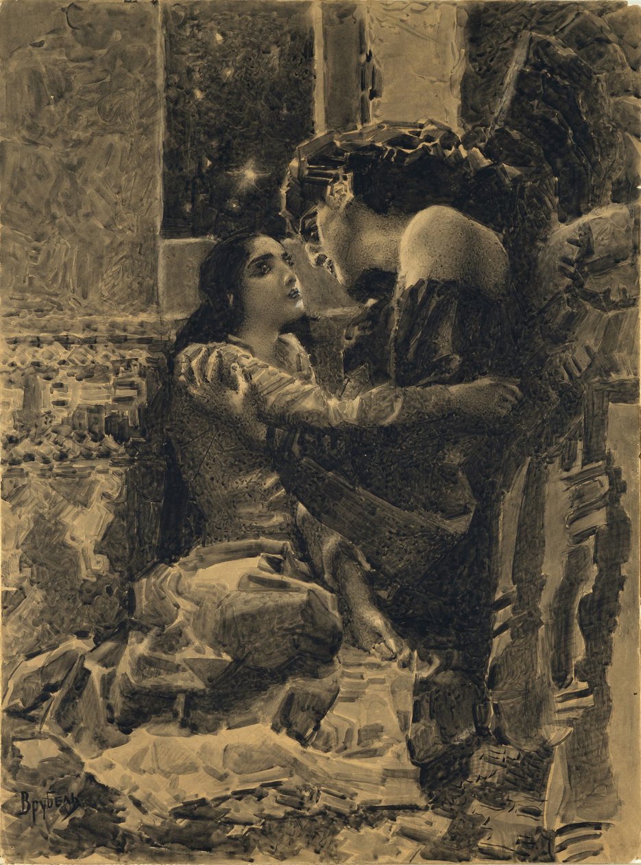 Tamara e Demon. Ilustração do poema O Demônio, de Mikhail Lermontov, 1890-1891 de Mikhail Aleksandrovich Vrubel