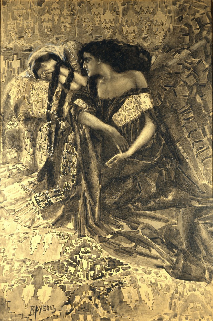 Tamara e Demon. Ilustração do poema O Demônio, de Mikhail Lermontov, 1890-1891 de Mikhail Aleksandrovich Vrubel
