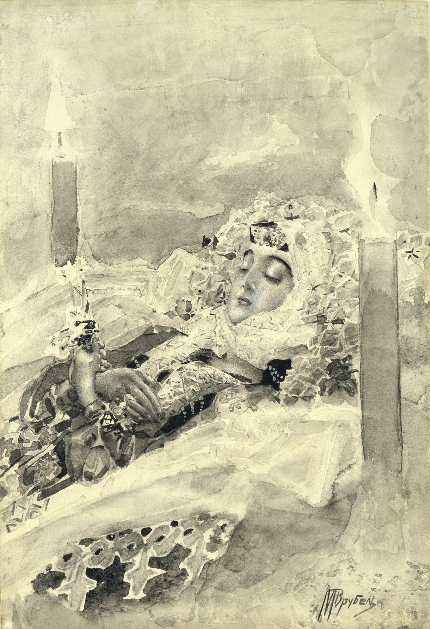 Tamara no caixão. Ilustração do poema O Demônio, de Mikhail Lermontov, 1890-1891 de Mikhail Aleksandrovich Vrubel