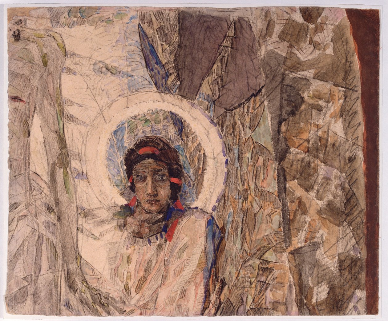 Cabeça de anjo - Trabalho de Mikhail Alexandrovich Vrubel (Vroubel) (1856-1910), aguarela sobre papel de Mikhail Aleksandrovich Vrubel