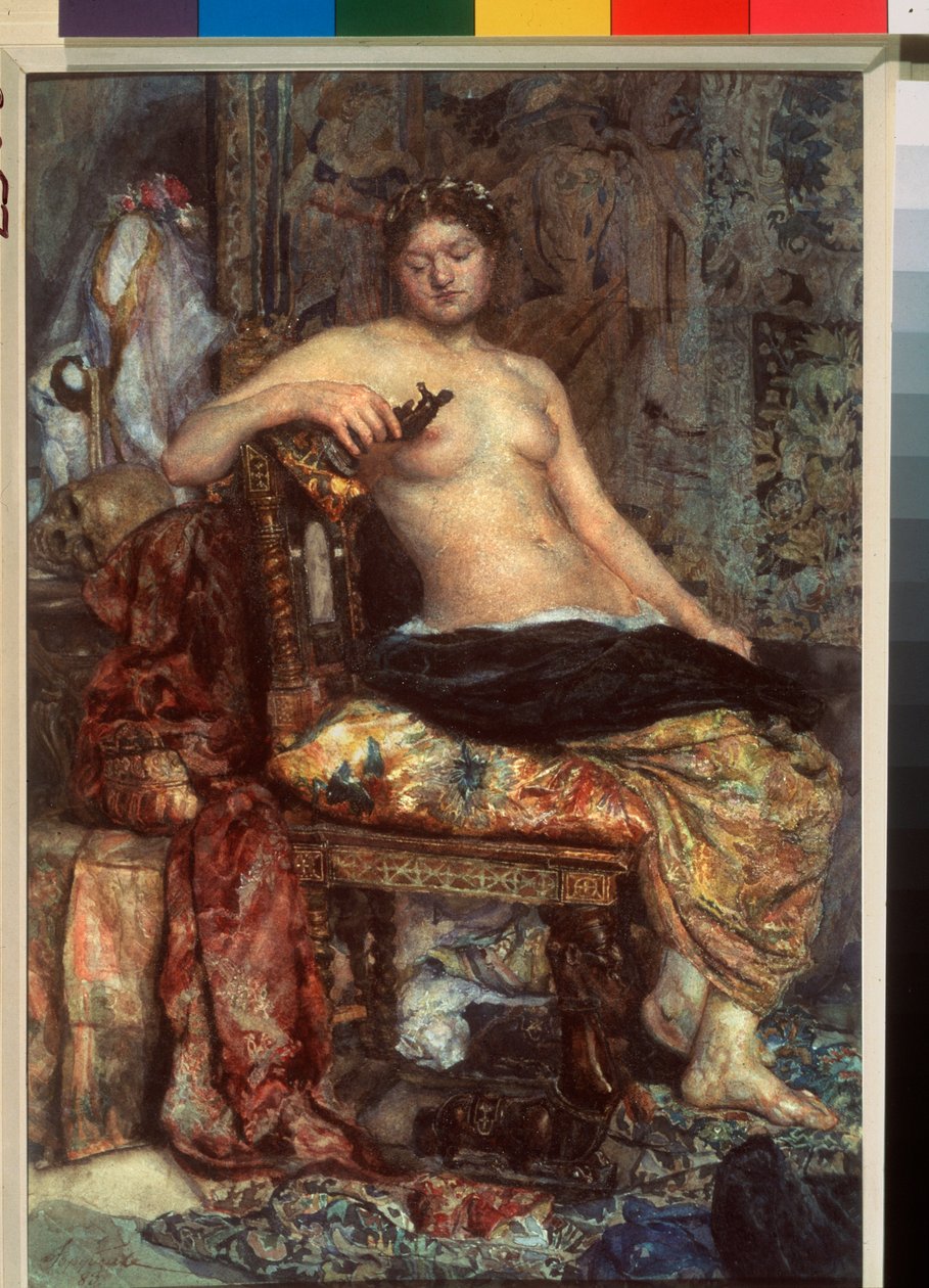Um modelo num mobiliário renascentista - obra de Mikhail Alexandrovich Vrubel (Vroubel) (1856-1910), aguarela sobre papel de Mikhail Aleksandrovich Vrubel