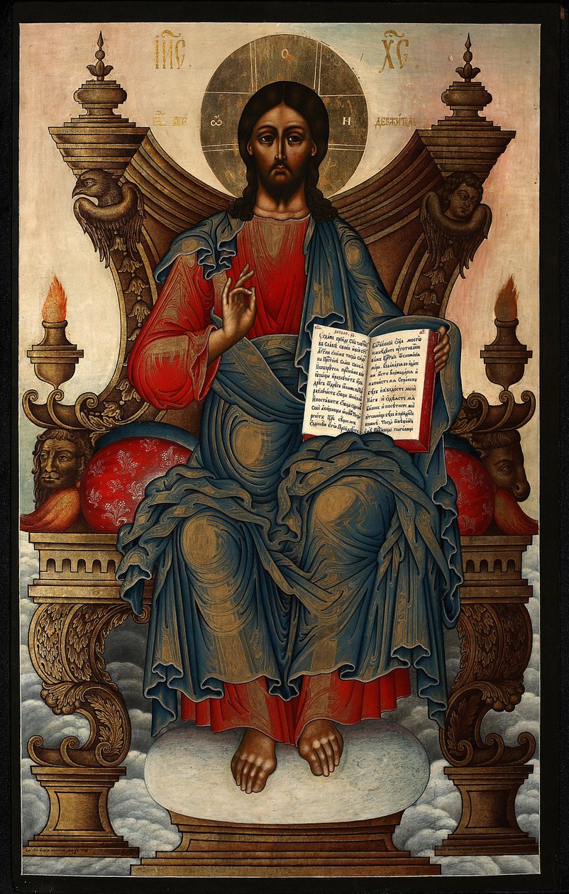 The Saviour Enthroned - Soplyakov, Mikhail Alexeyevich (1722-1799) - 1762 - Tempera no painel - 92,5x60 - Colecção Privada de Mikhail Alexeyevich Soplyakov