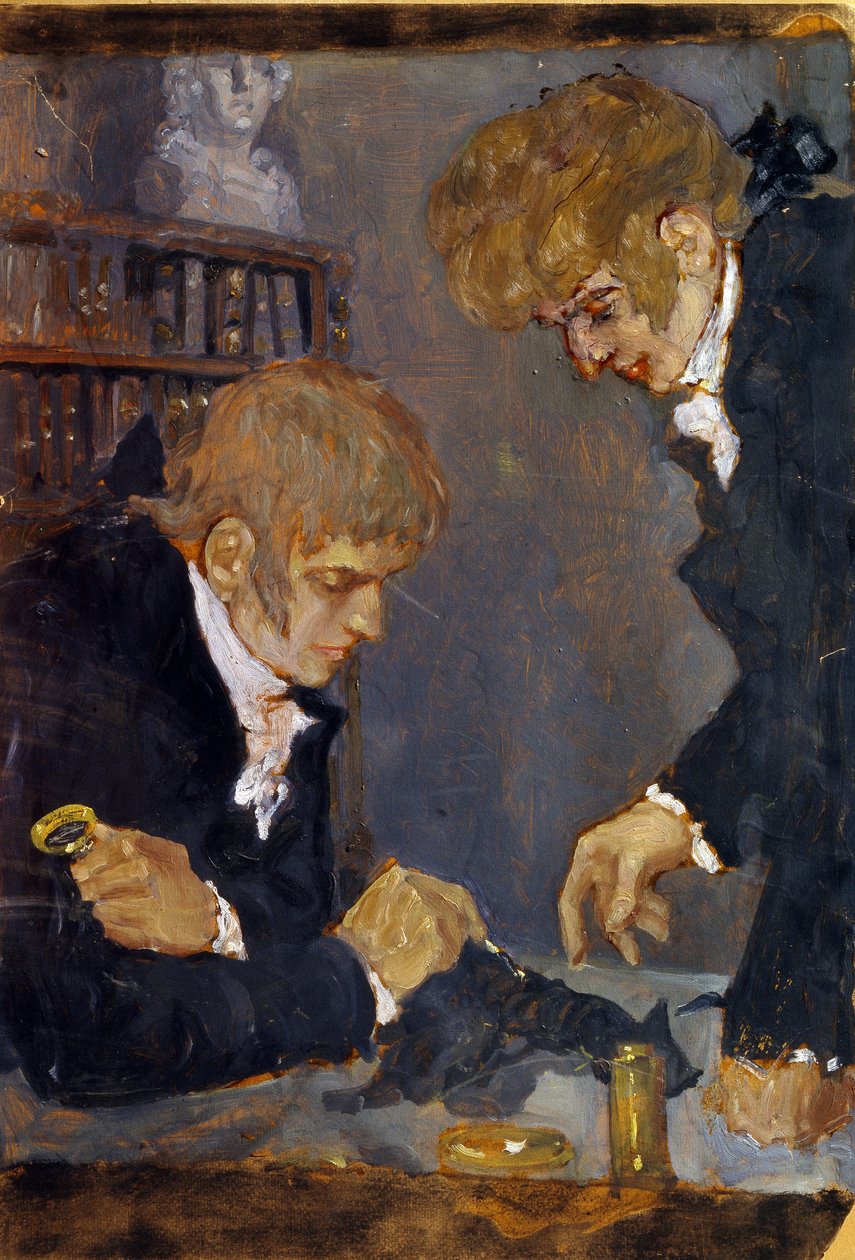 Frederic Georges Cuvier (1773-1838) e Etienne Geoffroy Saint Hilaire (1819-1842) (F. G. Cuvier e E. G. Saint Hilaire). Os dois cientistas observam o cadáver de um animal. Obra de Mikhail Dmitrievich Ezuchevsky (1880-1928), óleo sobre papel de Mikhail Dmitrievich Ezuchevsky