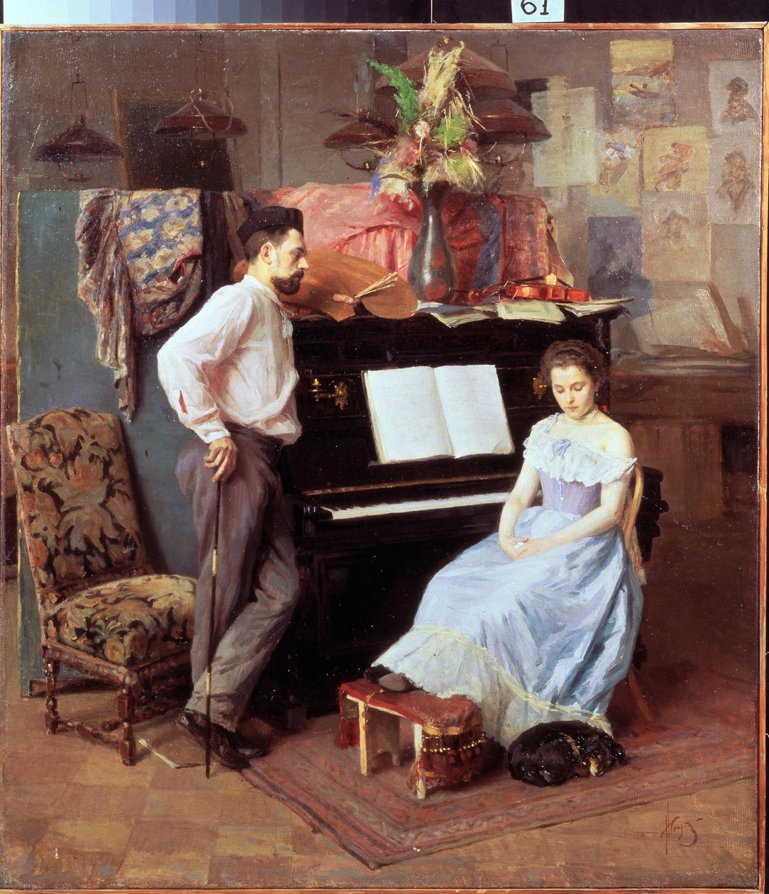 ""O artista e sua esposa"" A jovem de olhos baixos está sentada ao piano sob o olhar do marido. Pintura de Mikhail Ignatiev (1870-1934) por volta de 1900 Regional Art Gallery, Vologda de Mikhail Ignatiev