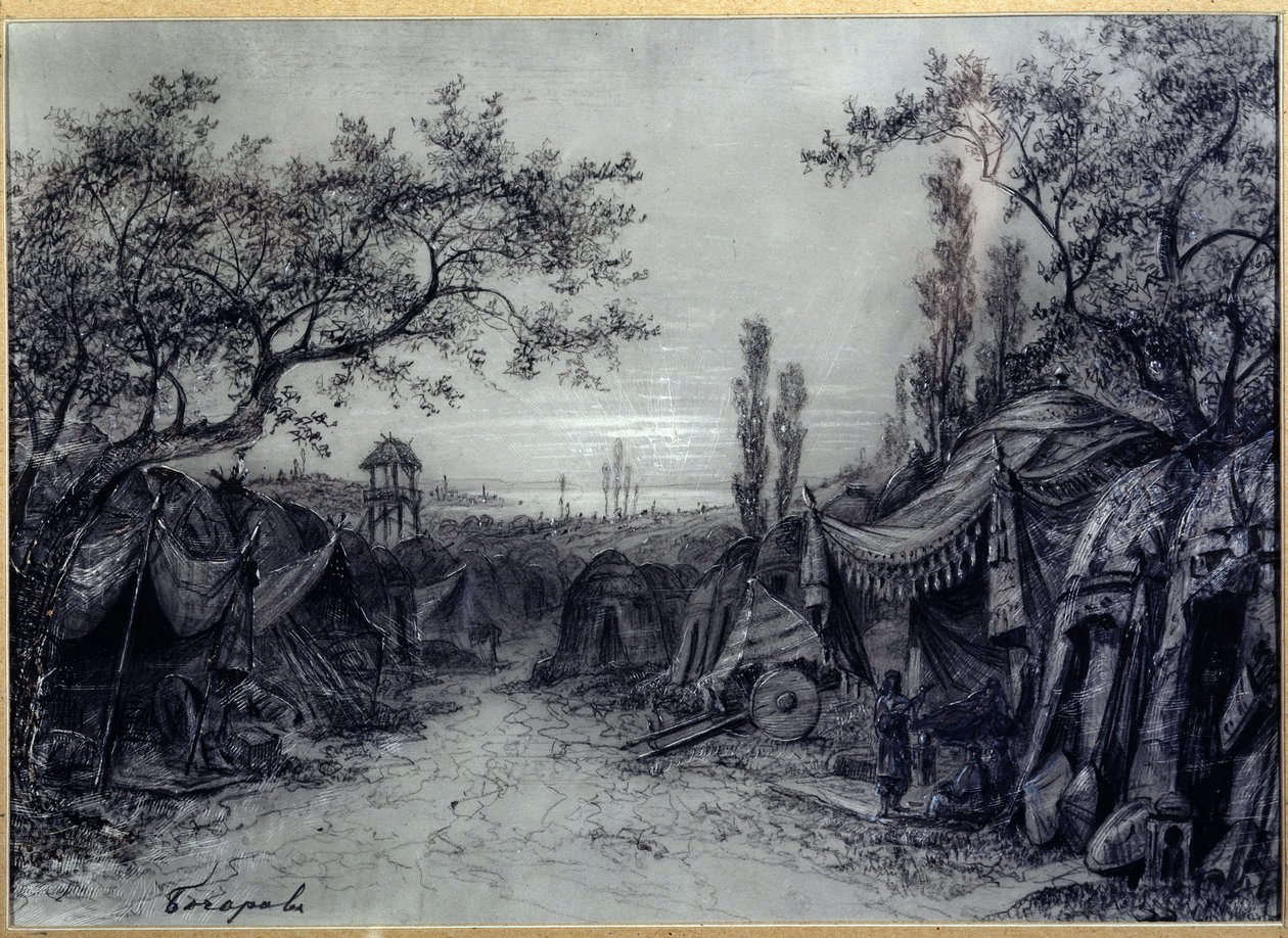 Desenho de palco para a ópera "Príncipe Igor" de Alexander Borodin (1833-1887). Um campo militar de tendas, emoldurado por árvores, com três personagens, incluindo um músico. Trabalho de Mikhail Ily de Mikhail Ilyich Bocharov