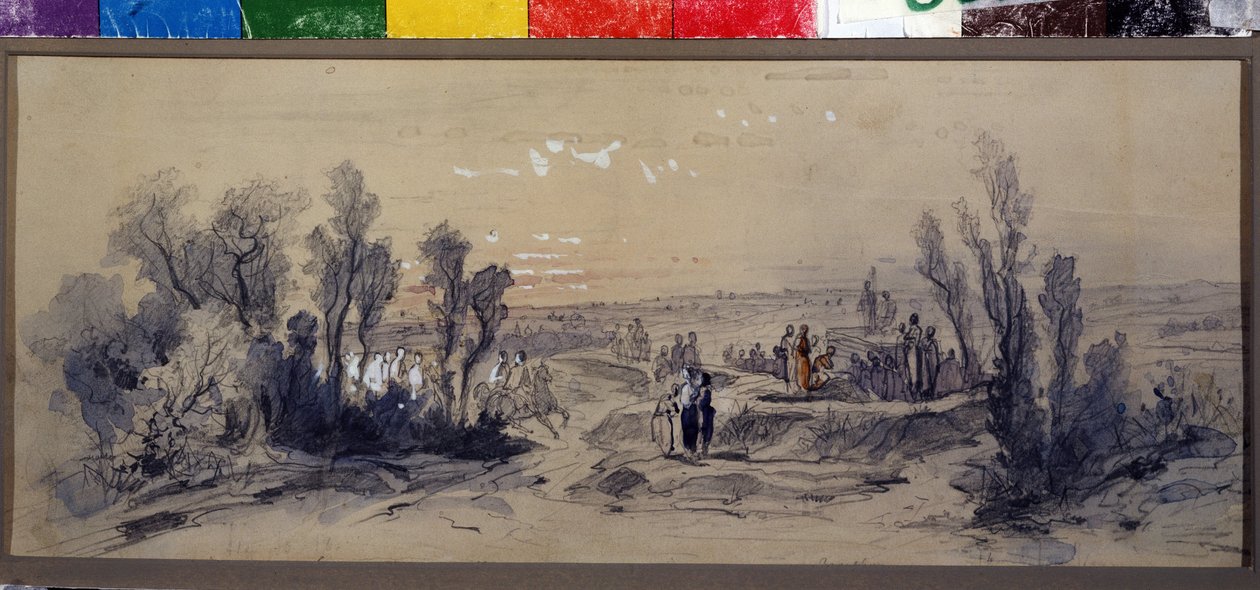 Desenho de cortina para a ópera ""Mazepa"" de Piotr Ilitch Tchaikovsky (1840-1893) (Design de cortina para a ópera ""Mazepa"" de P.Tchaikovsky). Obra de Mikhail Ilyich Bocharov (1831-1895). aquarela sobre papel de Mikhail Ilyich Bocharov