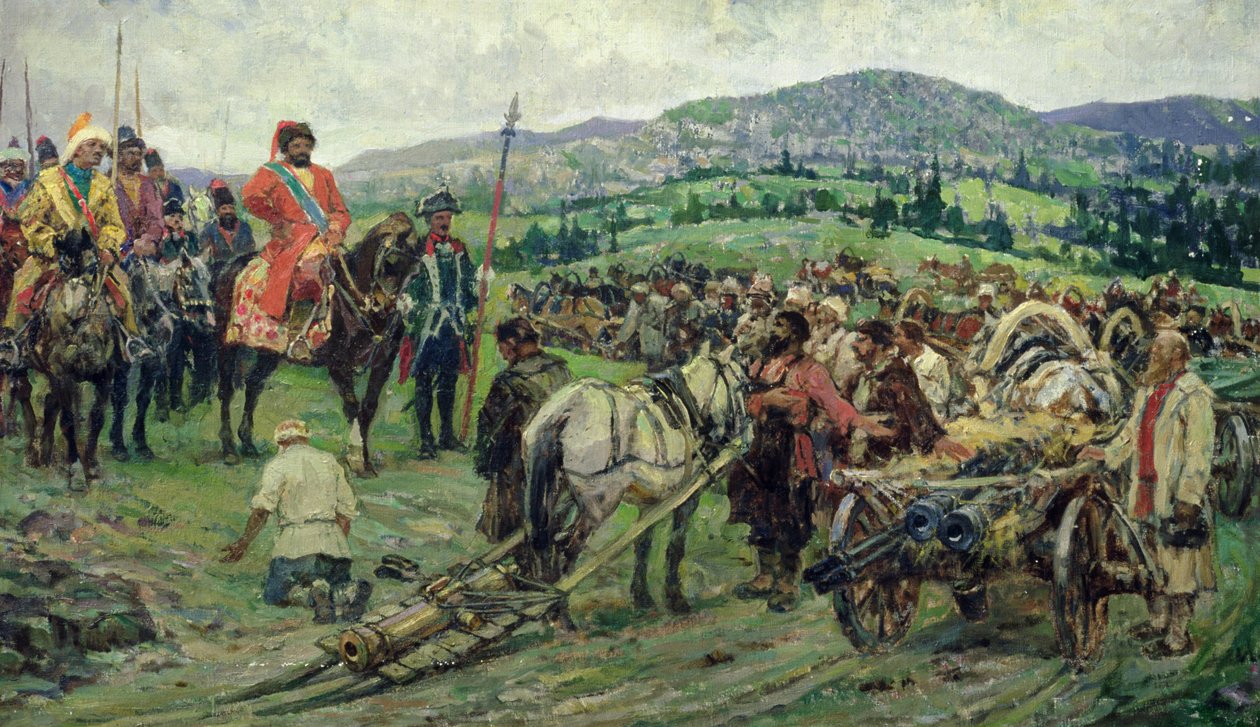 Assistência ao líder da revolta camponesa, Emelyan Pugachev, nos Urais (óleo sobre tela) de Mikhail Ivanovich Avilov