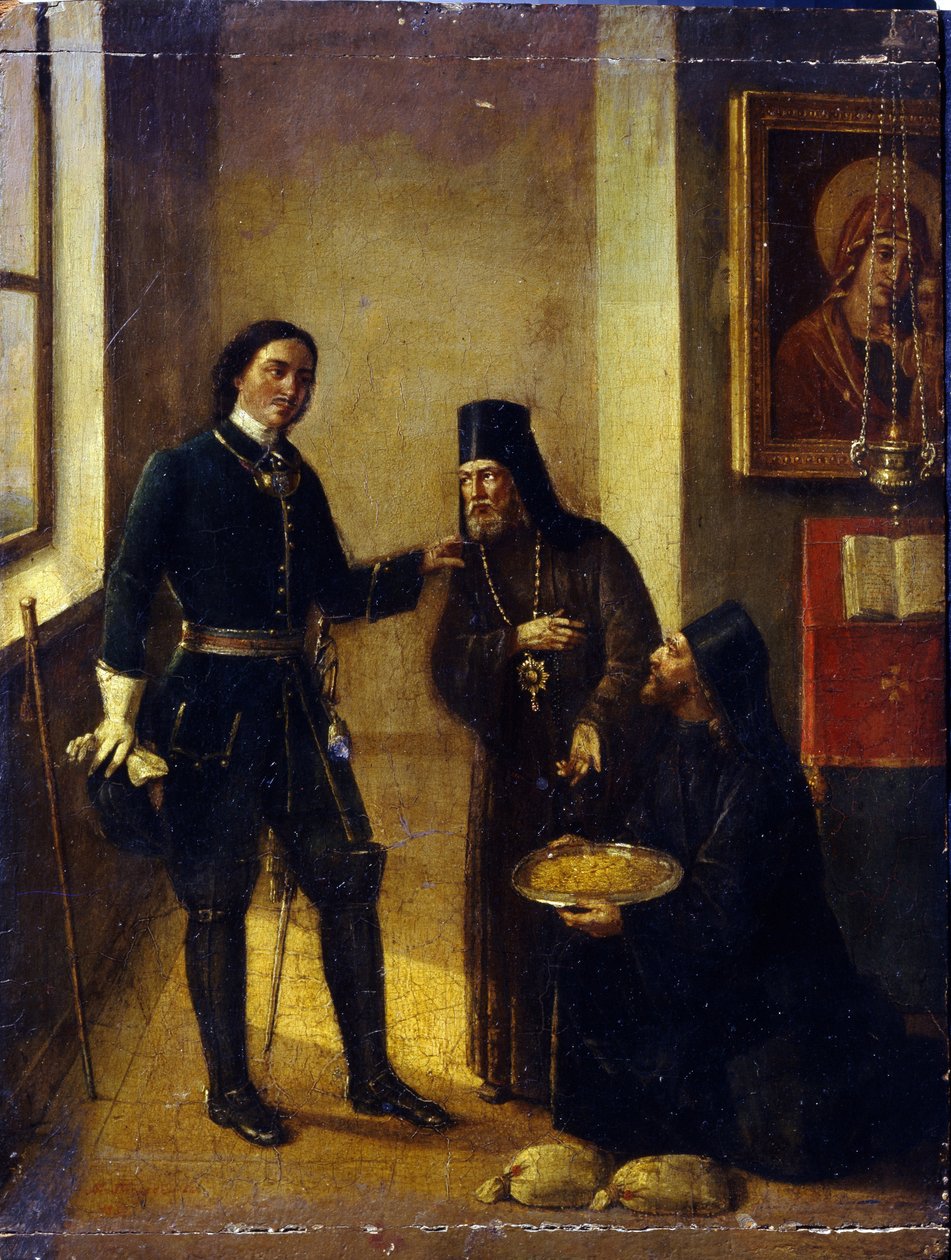 Bispo Mitrophan de Voronezh doa a Pedro I para a construção da frota Azov em 1696 de Mikhail Ivanovich Terebenev
