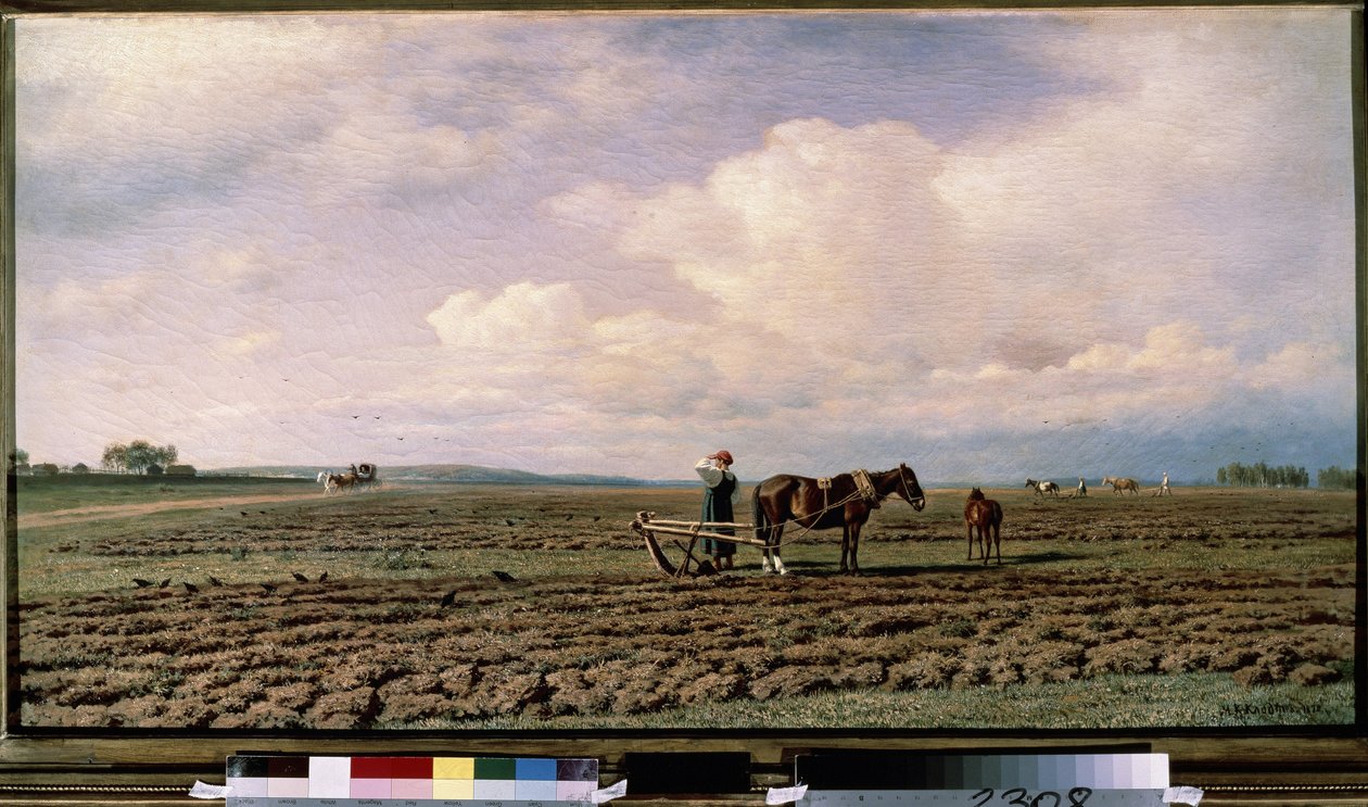 No Campo. Descrição de uma paisagem de terra lavrada, com os camponeses e os seus arados puxados por cavalos, na distância de uma carruagem que se desloca ao longo de uma estrada de terra batida. Pintura por Mikhail Konstantinovich Klodt (1832-1902), óleo  de Mikhail Konstantinovich Klodt