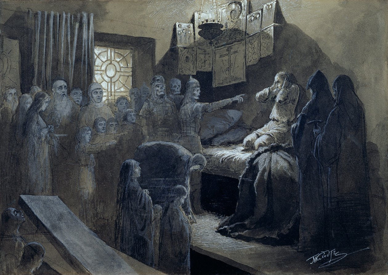 Ivan IV (1530-1584) O Terrível Visitado pelos Fantasmas daqueles que Ele Assassiou (caneta e tinta com bodycolour no papel) de Mikhail Konstantinovich Klodt