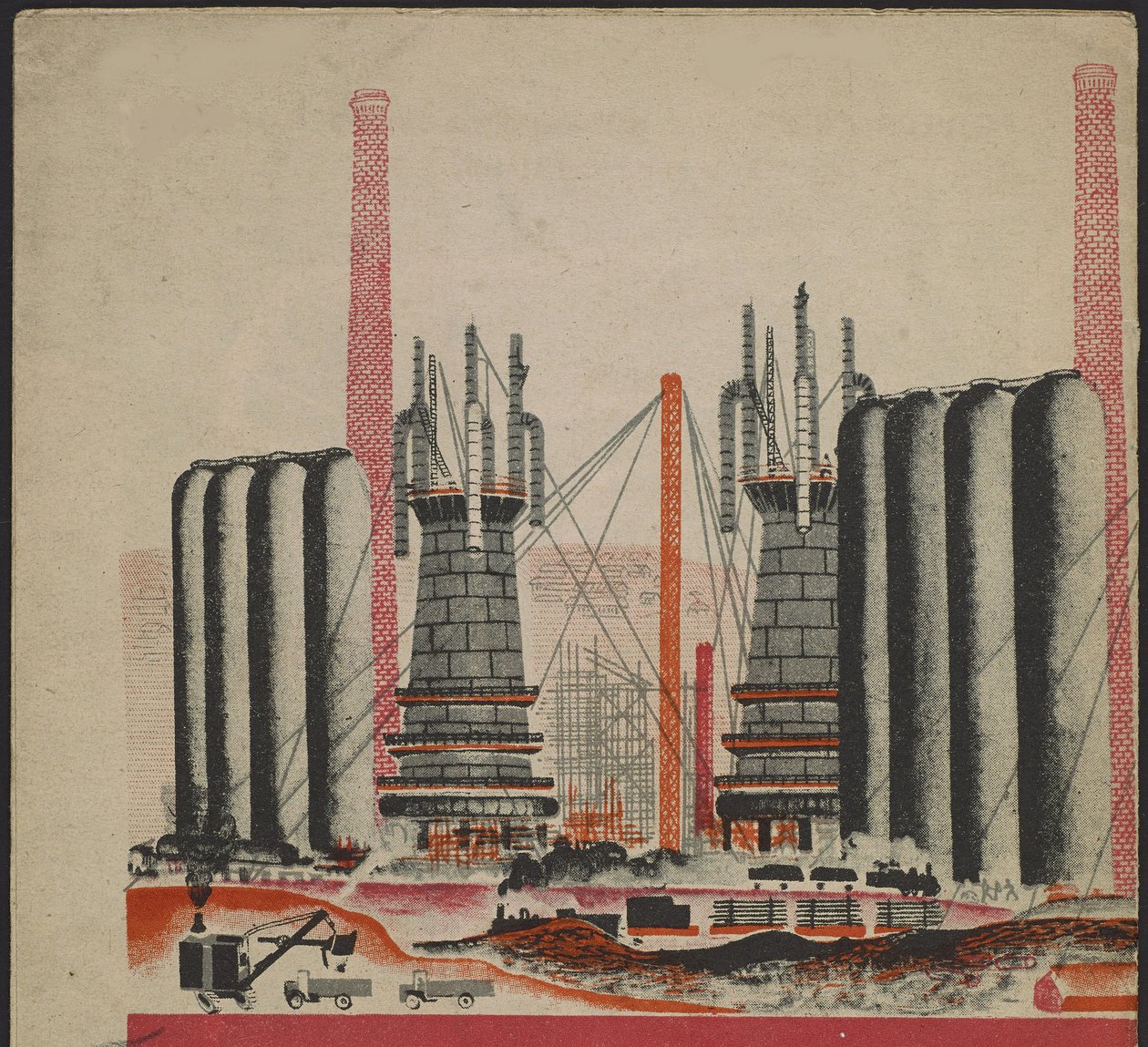 Ilustração do livro para crianças ""Combinat metallurgique Kuznets : un geant socialiste"" - Ilustração para o livro infantil ""Kuznets Metallurgical Combine: A Socialist Giant"", de Gurevich, Mikhail Lvovich (1904-1943). Litografia colorida de Mikhail Lvovich Gurevich