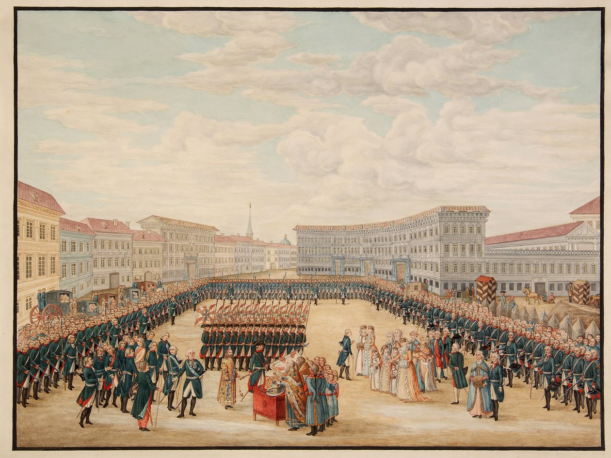 A Consagração da Bandeira do Regimento Preobrazhensky em Dezembro de 1796. O mais prestigioso regimento da Guarda Imperial Russa, criado por Pedro I o Grande (1672-1725) em de Mikhail Matveevich Ivanov