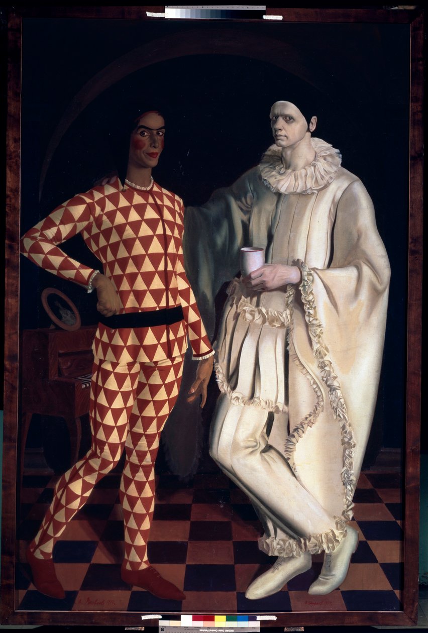 Arlequim e Pierrô (Auto-retratos, em trajes da Comedia dell Arte) - Arlequim e Pierrô (Auto-retratos) - Pintura de Alexander Yevgenyevich Yakovlev (Alexandre Iacovleff) (1887-1938), óleo sobre tela de Mikhail Nikolayevich Yakovlev