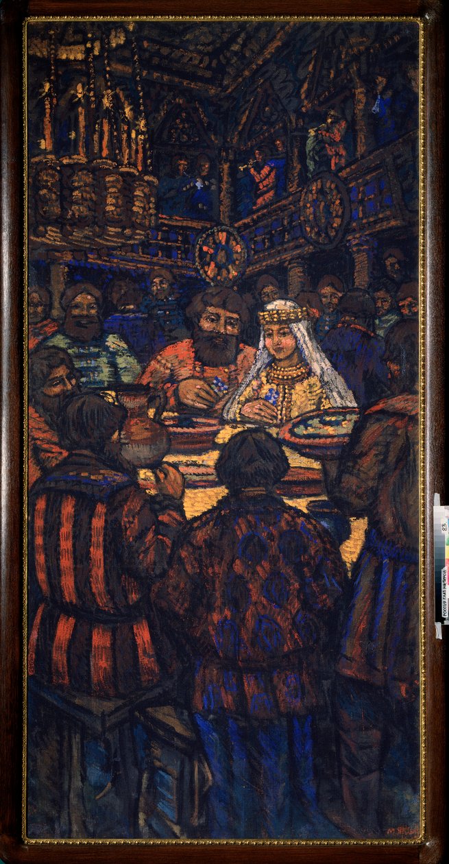 O Casamento do Grão-Duque Vladimir I Svyatoslavich (conhecido como o Grande ou Sol Vermelho, 958-1015) Cena do banquete de casamento - Pintura de Mikhail Nikolayevich Yakovlev (1880-1942), óleo sobre tela, ca. 1920 de Mikhail Nikolayevich Yakovlev