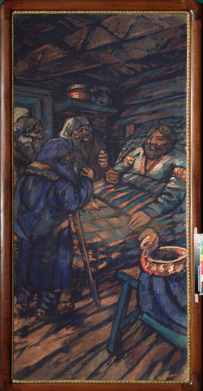 O Casamento do Grão-Duque Vladimir I Svyatoslavich (conhecido como o Grande ou Sol Vermelho, 958-1015) (O Casamento do Grão-Duque Vladimir I Svyatoslavich) Vladimir alite é cercado por três velhos - Pintura de Mikhail Nikolayevich Yakovlev (1880- 1942), ól de Mikhail Nikolayevich Yakovlev