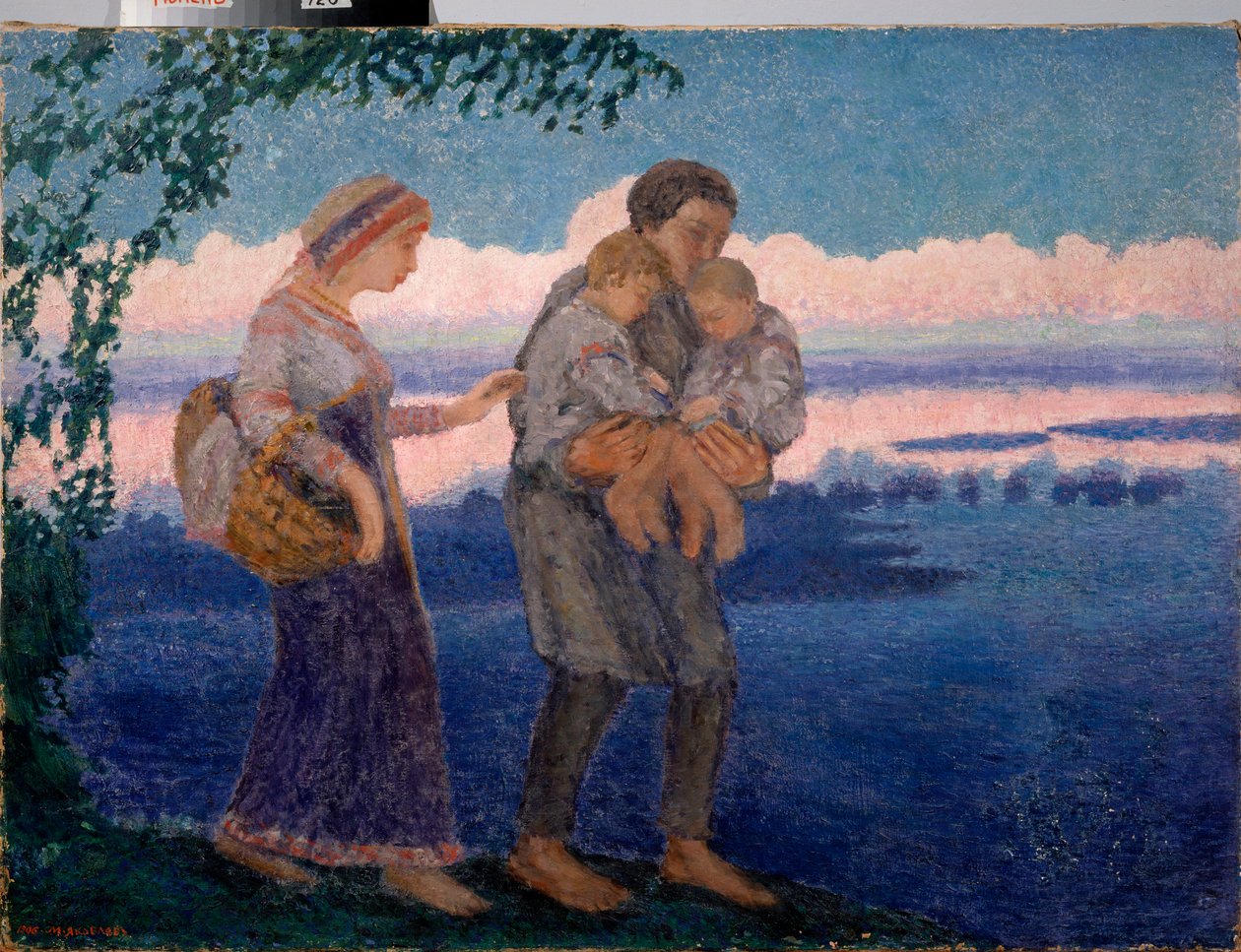 Evening Homecoming - Pintura por Mikhail Nikolayevich Yakovlev (1880-1942), óleo sobre tela de Mikhail Nikolayevich Yakovlev