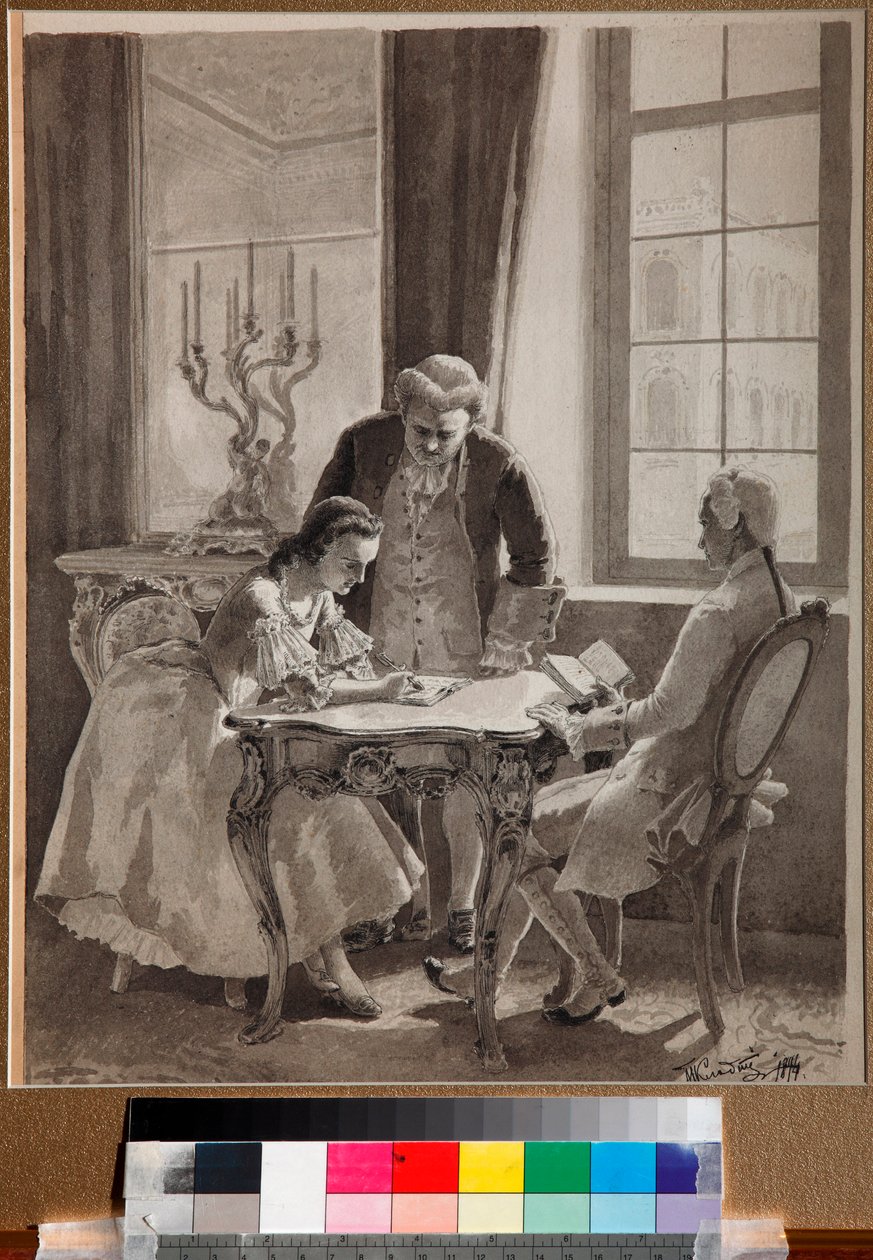 "Aula de língua russa da imperatriz Catarina II (1729-1796)" Desenho a tinta e caneta de Mikhail Klodt (1835-1914) de Mikhail Petrovich Klodt