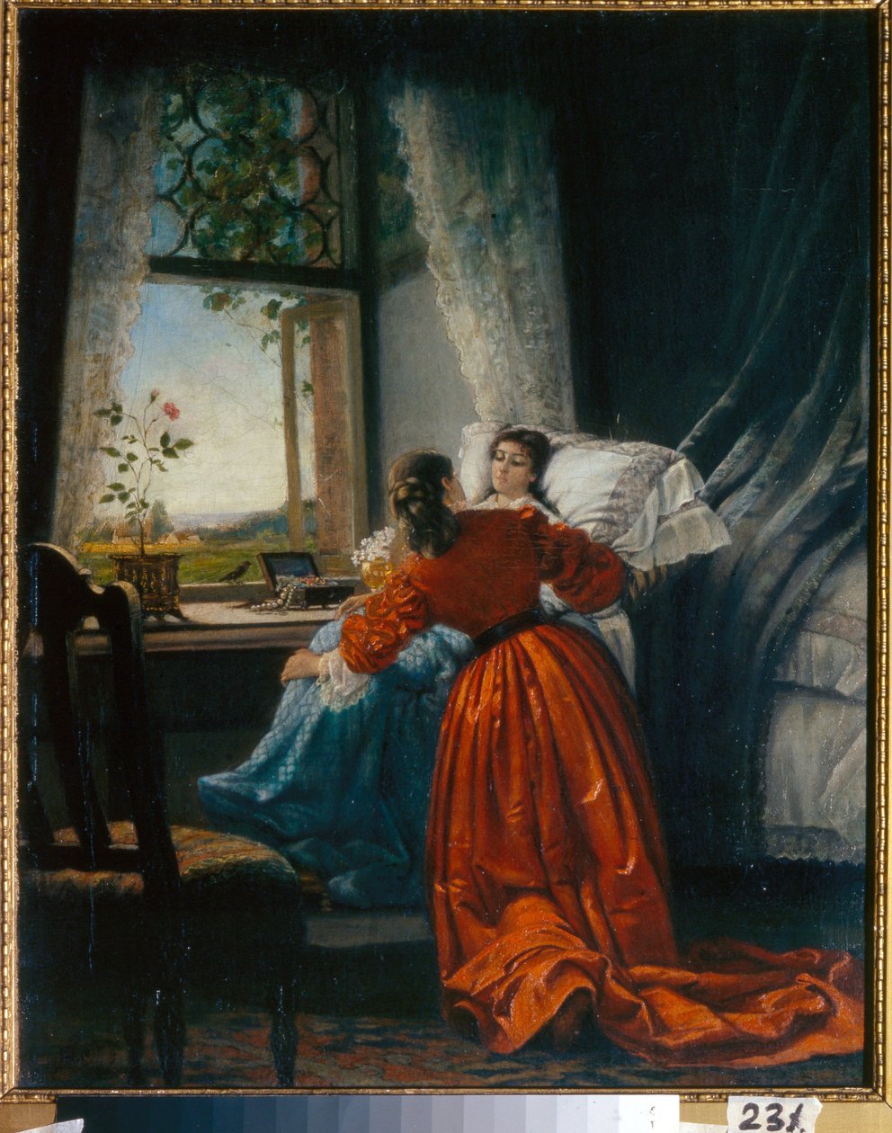 A visita aos enfermos (Visitando os Doentes) uma mulher acomoda uma garotinha em um assento, instalado perto da janela - Pintura de Mikhail Petrovich, Barão Klodt (1835-1914), óleo sobre cobre de Mikhail Petrovich Klodt