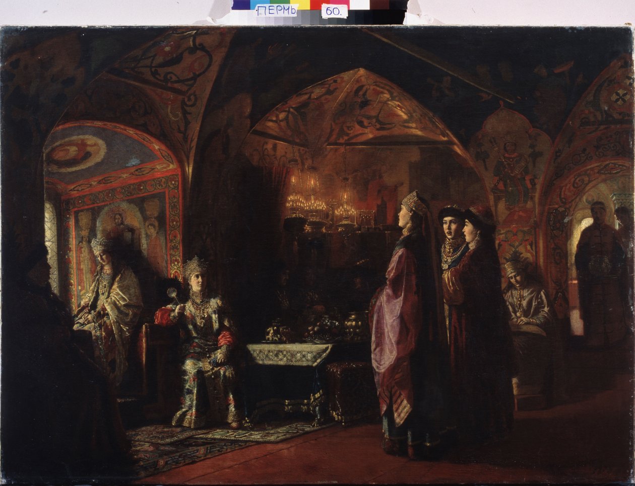 A Moradia do Tsarevna. Composição sobre o tema da velha Rússia, traje tradicional e decoração do principado de Moscovo. Pintura do Barão Mikhail Petrovich Klodt (1835-1914), óleo sobre tela de Mikhail Petrovich Klodt