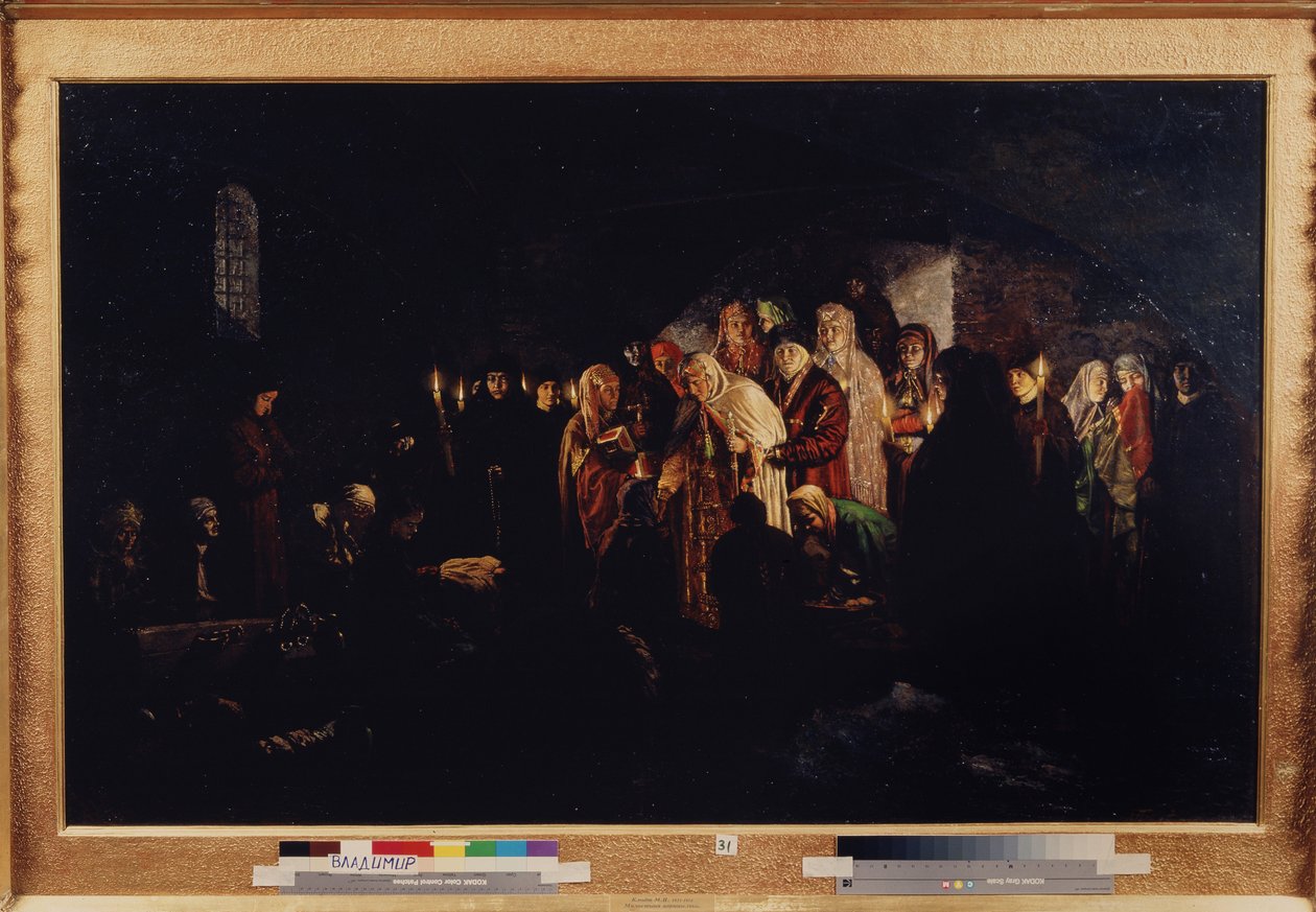 A Imperatriz Dando Esmolas (Imperatriz Dando Esmolas). A czarina, cercada por nobres e clérigos, faz caridade a uma assembléia de pessoas necessitadas ajoelhadas diante dela. Pintura do Barão Mikhail Petrovich Klodt (1835-1914), óleo sobre tela de Mikhail Petrovich Klodt