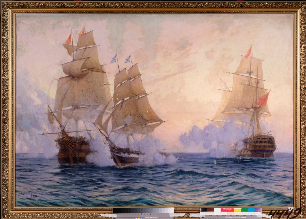 O brigue Mercury lutando contra dois navios turcos, 14 de maio de 1829 (Episódio da Guerra Russo-Turca de Mikhail Stepanovich Tkatchenko