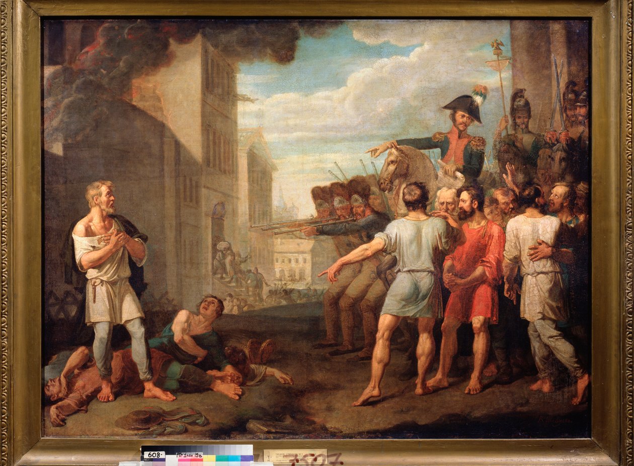 A execução dos russos pelos soldados franceses em 1812 (Episódio das Guerras Napoleônicas, Campanha Russa) - Pintura de Mikhail Tikhonov (1789-1862), óleo sobre tela de Mikhail Tikhonov