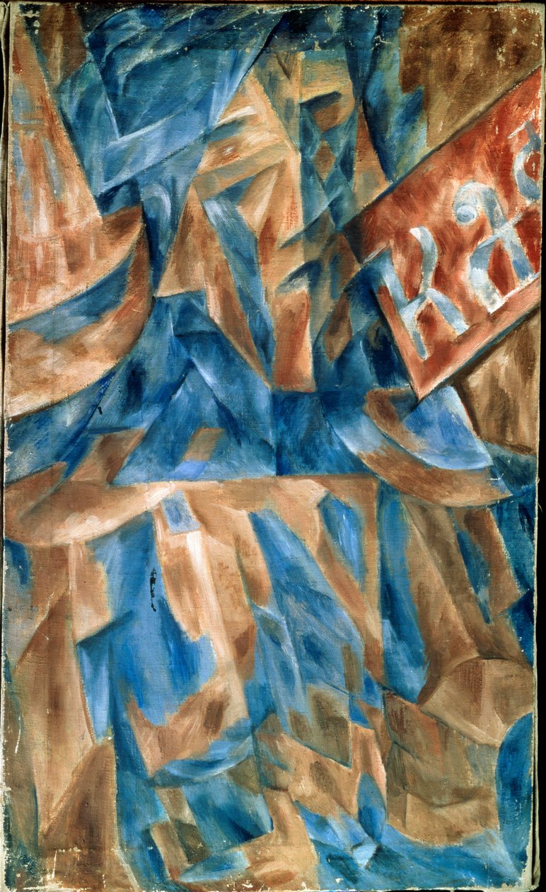 Femme dans un café (Lady in a Cafe) - composição cubista, com um pedaço da frente do café (inscrição KA) - Pintura de Mikhail Vasilyevich Le Dantyu (1891-1917), óleo sobre tela, por volta de 1910 - arte russa, antes da guarda do século 20, arte abstrata -  de Mikhail Vasilevich Le Dantu