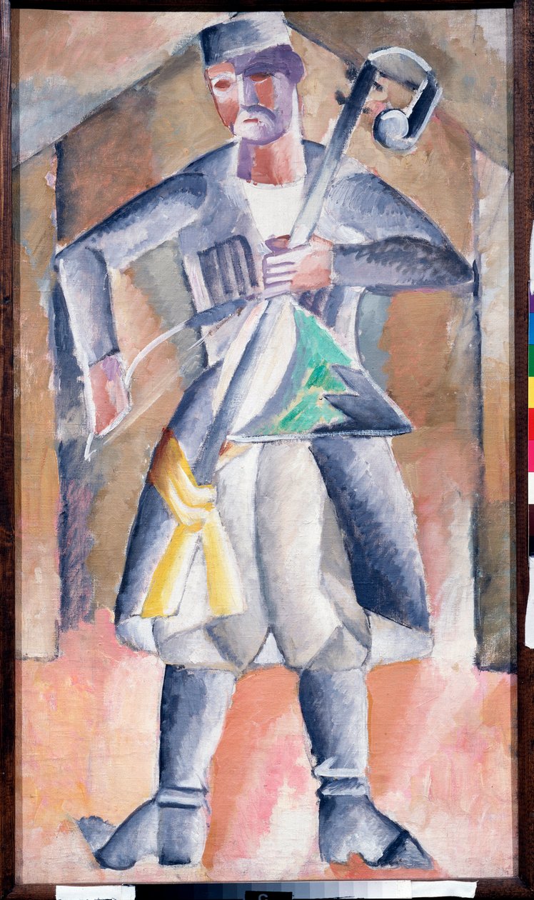 Músico (Sas Musician) - Retrato de um músico, em vestido tradicional, com o seu instrumento, uma espécie de hurdy-gurdy vertical com duas cordas esticadas, tocado com um arco - Pintura de Mikhail Vasilyevich The Dantyu (1891-1917), óleo sobre tela - Arte r de Mikhail Vasilevich Le Dantu