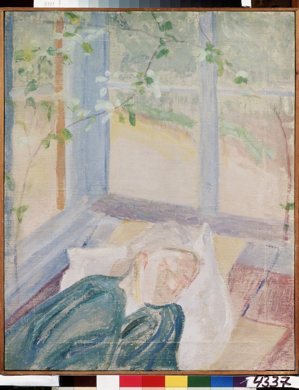 Retrato da artista Elena (Yelena) Guro (1877-1913), esposa do pintor (Retrato da artista Y. Guro, esposa do artista). Representado a dormir debaixo das janelas do terraço, usando uma blusa e um lenço de cabeça. Pintura por Mikhail Vasilyevich Mati de Mikhail Vasilievich Matyushin