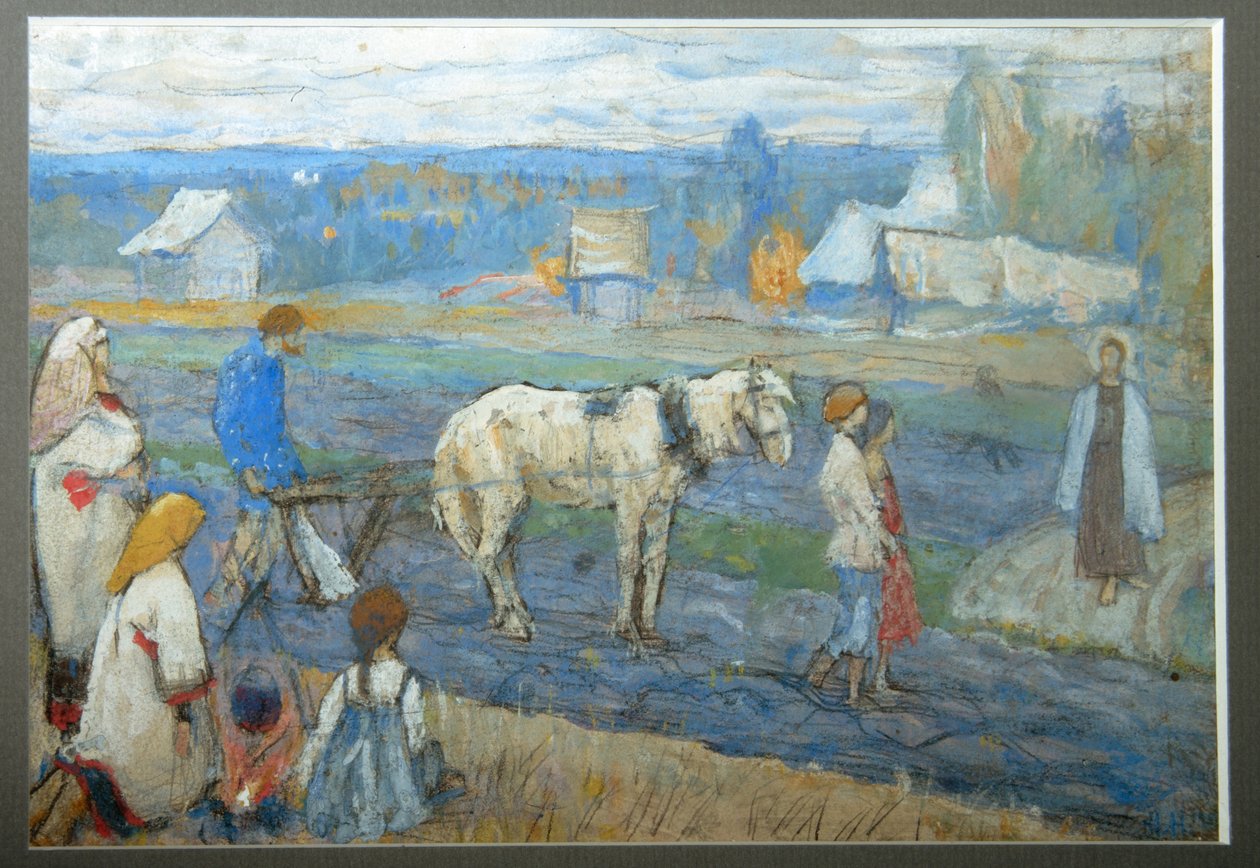 No campo (Os camponeses param o trabalho agrícola diante da aparição de Jesus no caminho) (No campo) - Pintura de Mikhail Vasilyevich Nesterov (1862-1942), guache sobre papelão (15,8x24 cm) de Mikhail Vasilievich Nesterov