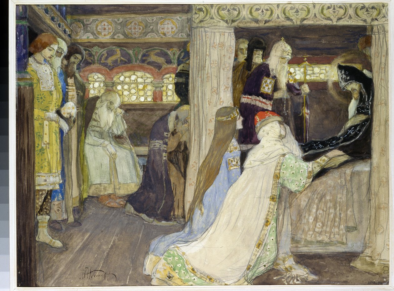 La mort du grand duc Alexandre Nevski (1220-1263). (A morte do Grão-Duque Alexandre Nevski). Oeuvre de Mikhail Vasilyevich Nesterov (1862-1942), aquarelle et gouache sur papier de Mikhail Vasilievich Nesterov