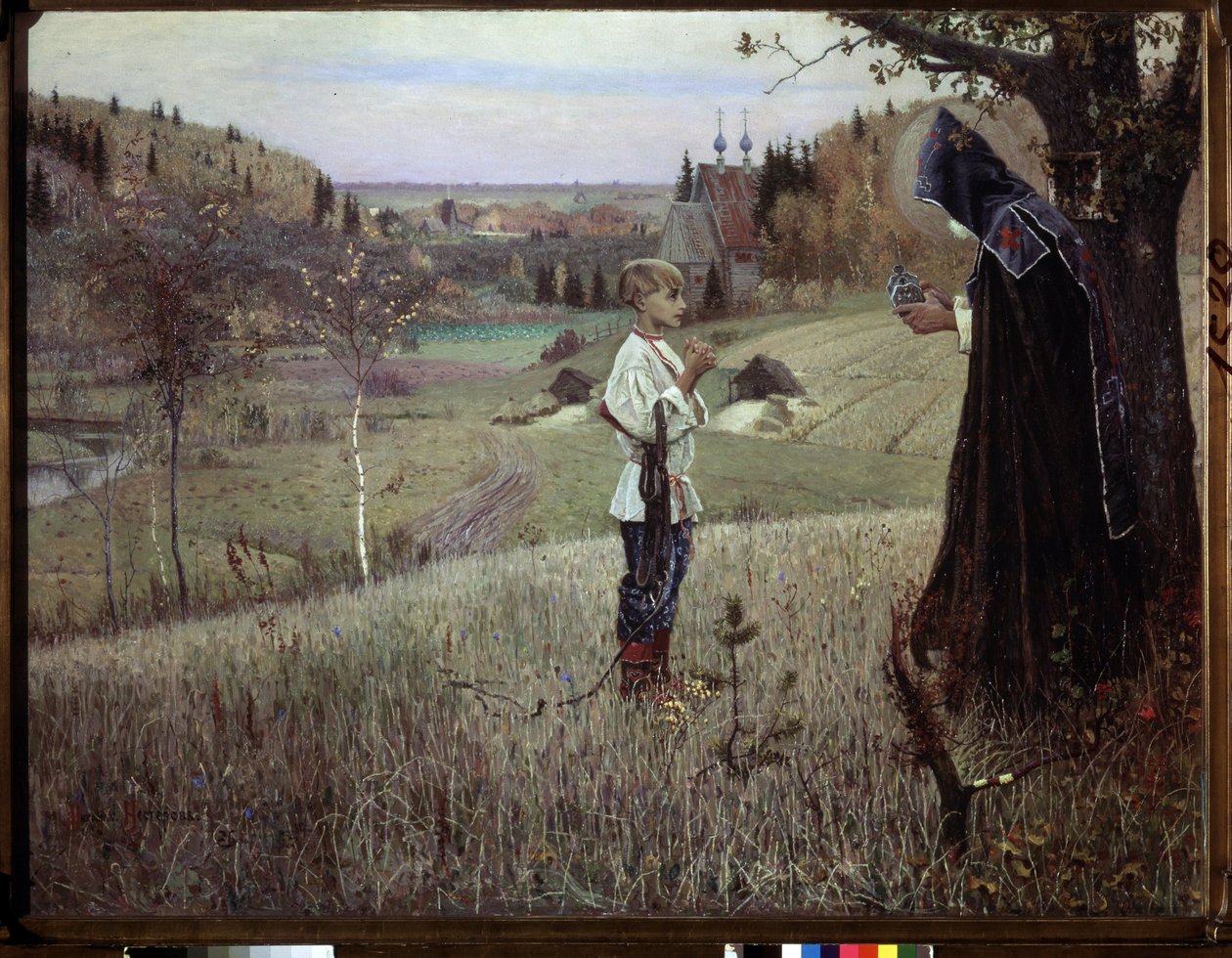 A Visão do Jovem Bartolomeu. (The Vision of the Youth Bartholomew). O encontro entre um monge e o jovem Bartolomeu russo (mais tarde S. Sérgio de Radonege ou Sergii Radonezhsky ou Sergey Radonezhsky ou Sergius de Radonezh, ca. 1313-1392). Pintado de Mikhail Vasilievich Nesterov