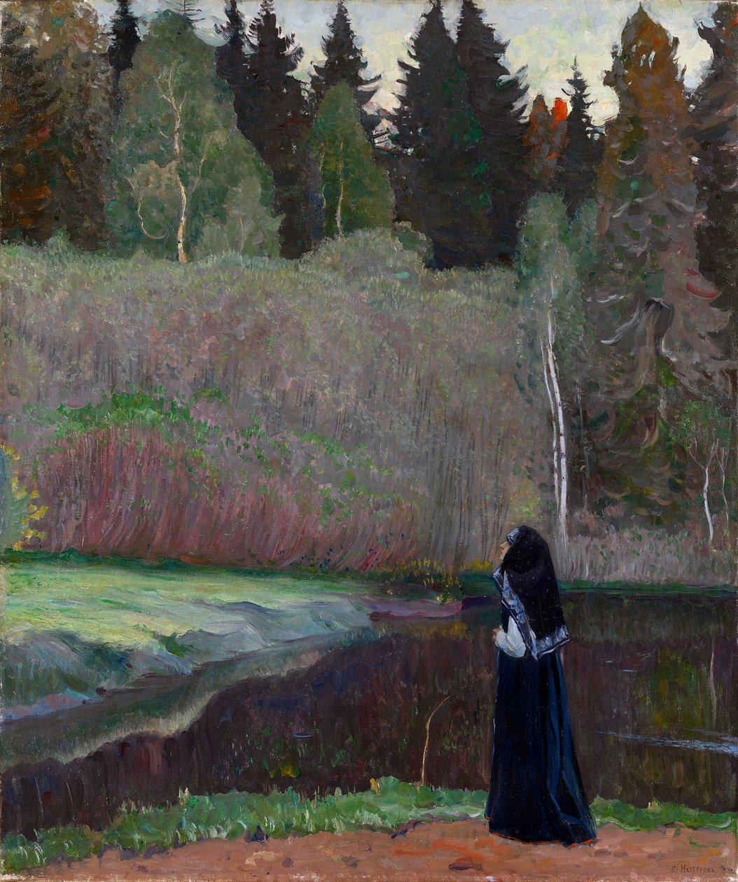 "The Nightingale is Singing" Uma freira que ouve o canto das aves - Pintura de Mikhail Vasilyevich Nesterov (1862-1942) 1918 Dim 81x68,5 cm Colecção privada de Mikhail Vasilievich Nesterov