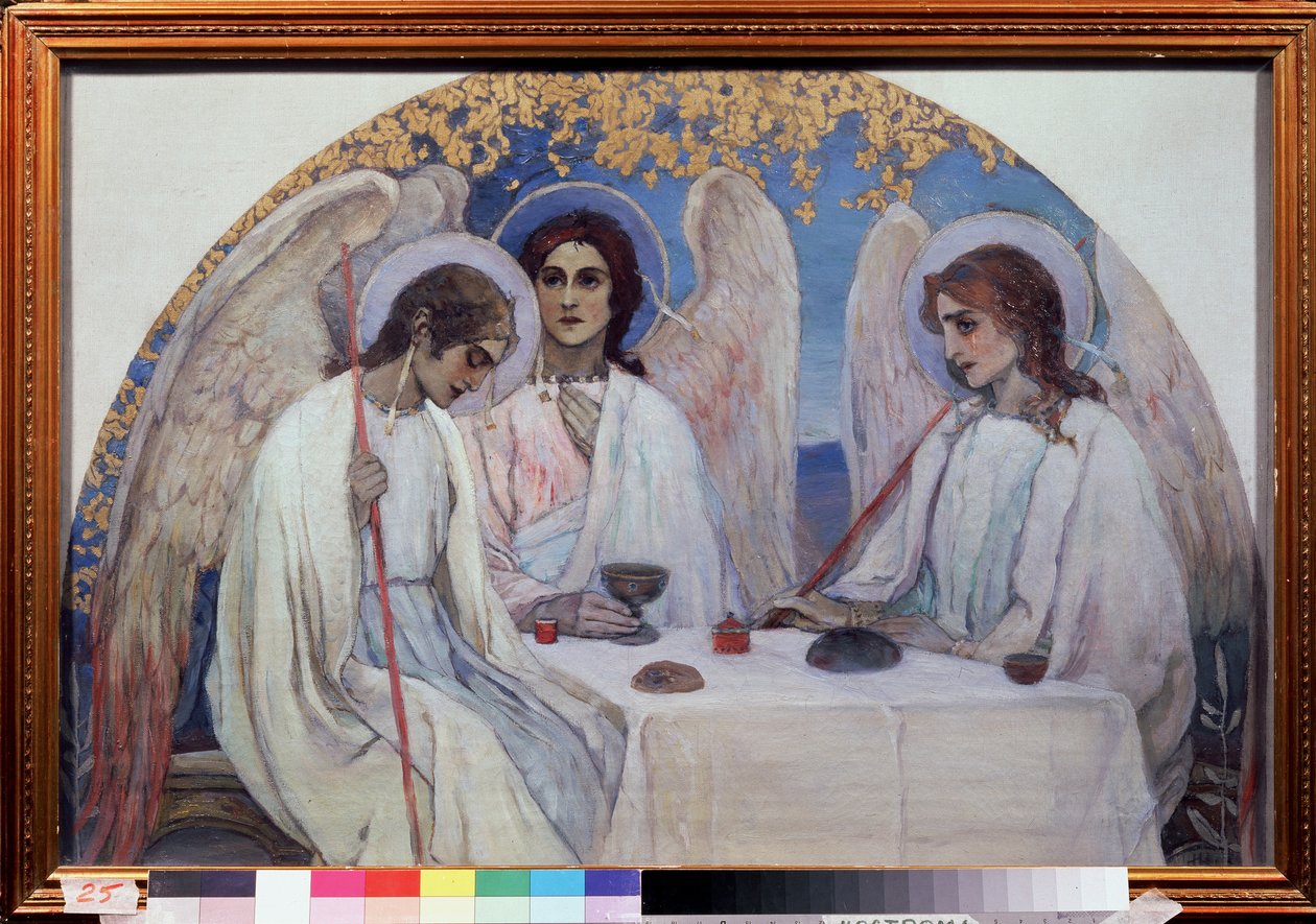 A hospitalidade de Abraão. A Trindade do Antigo Testamento. Representação dos três anjos que apareceram a Abraão perto do Carvalho de Mambre. (A hospitalidade de Abraão (Trindade do Antigo Testamento). Pintura de Mikhail Vasilyevich Nesterov (1862-1942), ó de Mikhail Vasilievich Nesterov