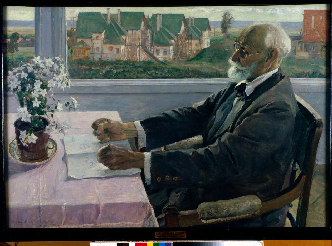 Portrait du medecin, psychologue et physiologiste Ivan Petrovich Pavlov (1849-1936) (Retrato do Fisiólogo, psicólogo e médico Ivan Petrovich Pavlov) - Peinture de Mikhail Vasilyevich Nesterov (1862-1942), huile sur toile de Mikhail Vasilievich Nesterov