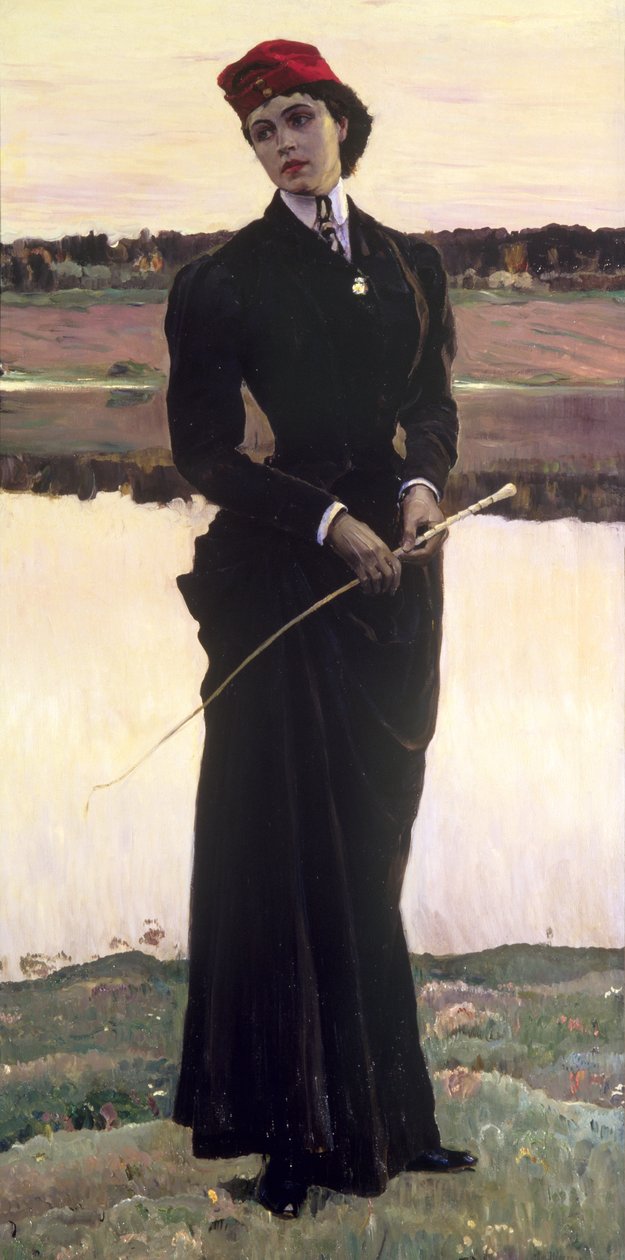 Retrato de Olga Nesterova ou, mulher em um hábito de equitação, 1906 de Mikhail Vasilievich Nesterov