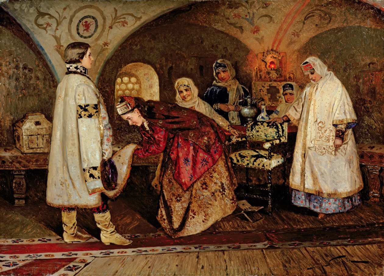 Czar Alexei Mikhailovich (1629-76) Encontro com sua noiva, Maria Miloslavasky, 1887 de Mikhail Vasilievich Nesterov